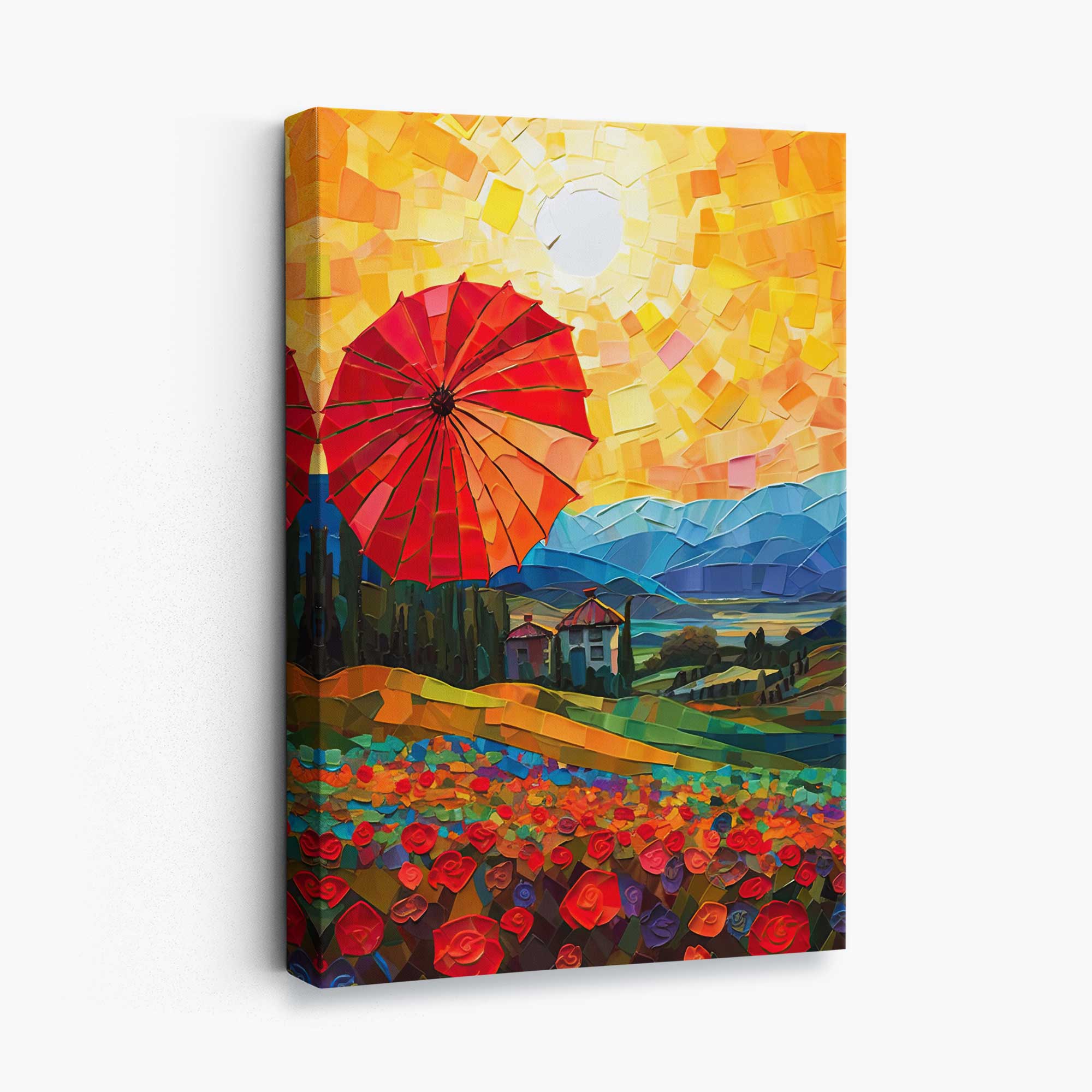 Red Fields and Umbrella Palette Knife Abstract Painting Canvas Print | Artze Wall Art UK