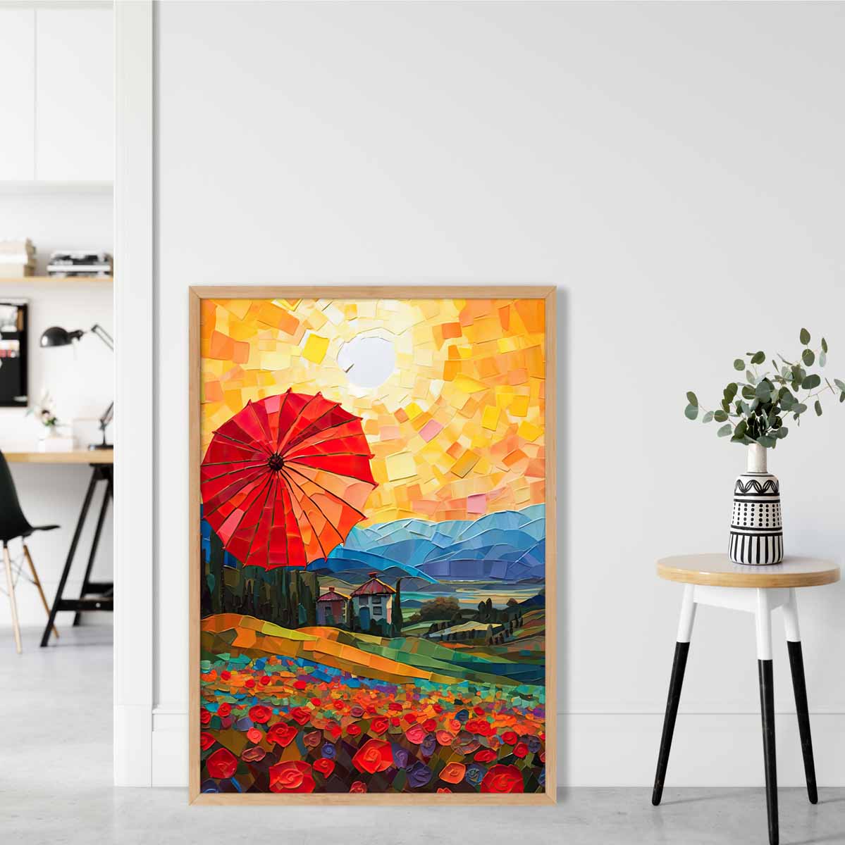 Red Fields and Umbrella Palette Knife Abstract Painting Art Print