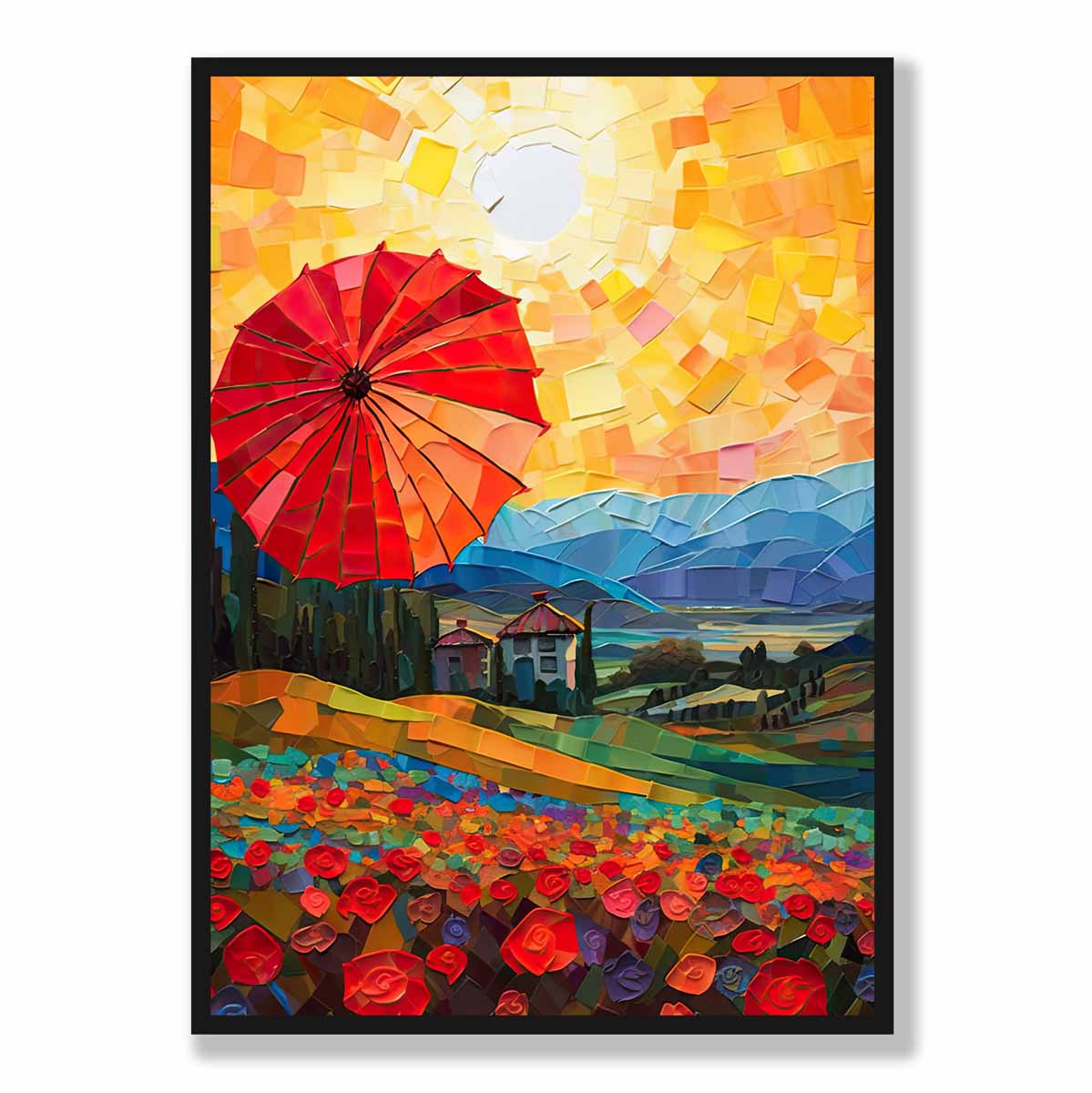Red Fields and Umbrella Palette Knife Abstract Painting Art Print