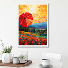 Red Fields and Umbrella Palette Knife Abstract Painting Art Print