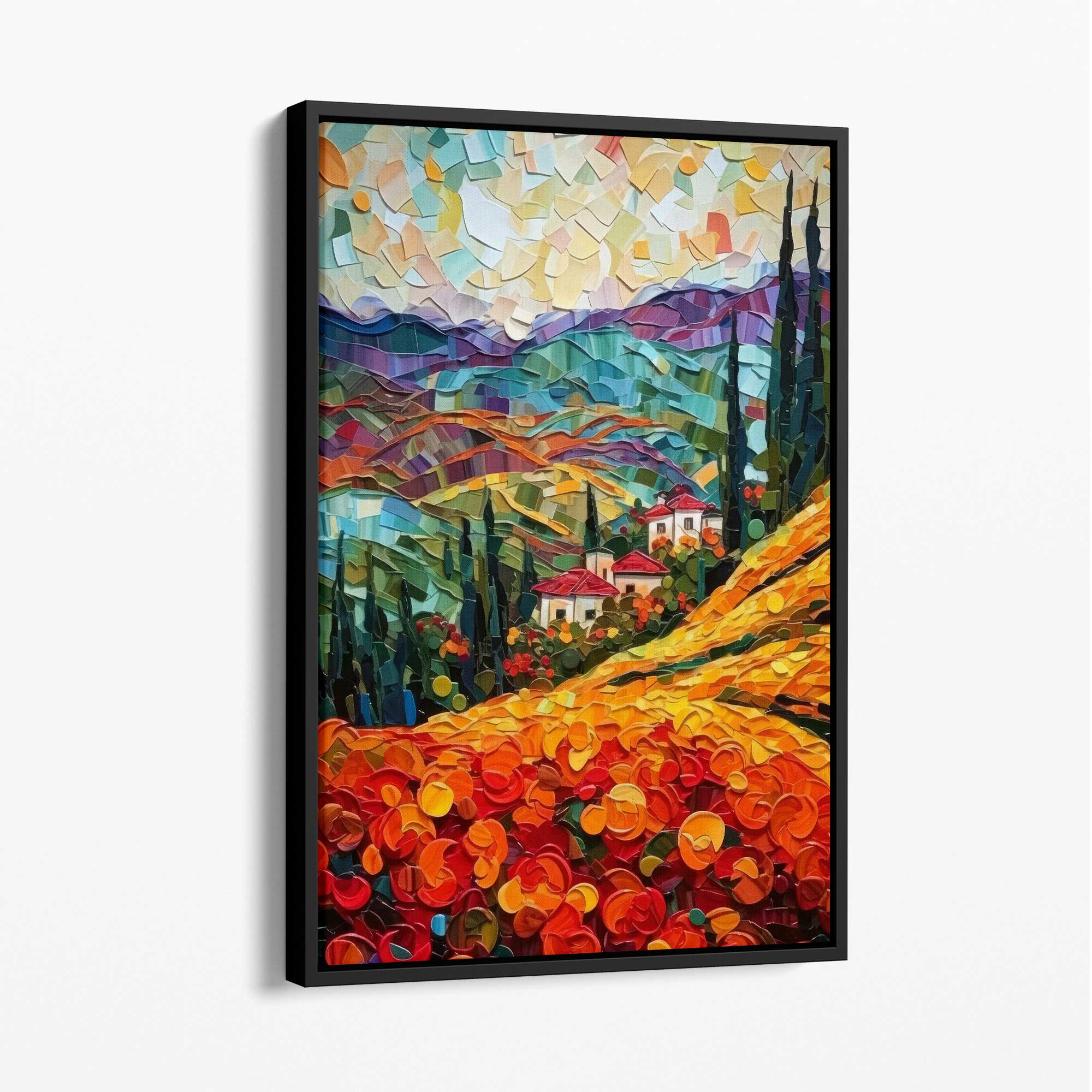 Red Fields and Mountains Palette Knife Abstract Painting Canvas Print with Black Float Frame | Artze Wall Art UK