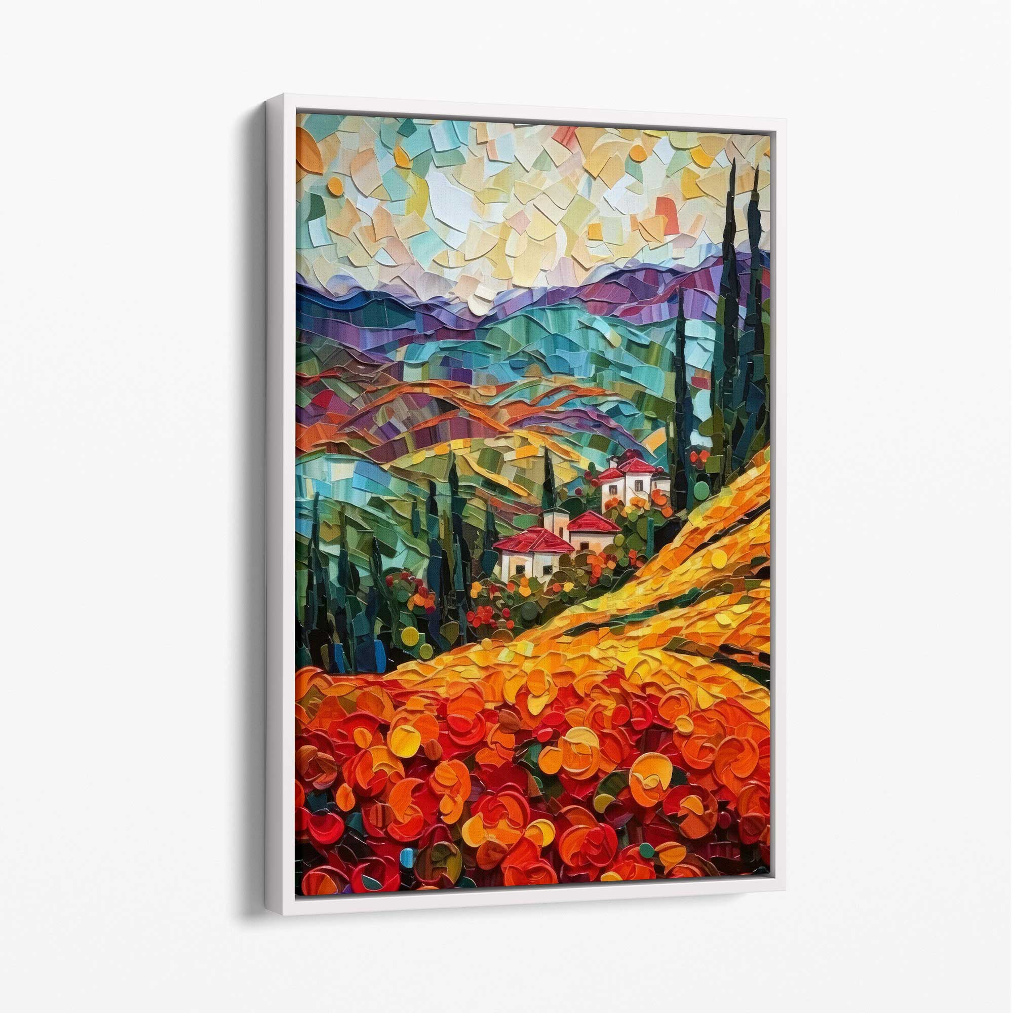 Red Fields and Mountains Palette Knife Abstract Painting Canvas Print with White Float Frame | Artze Wall Art UK