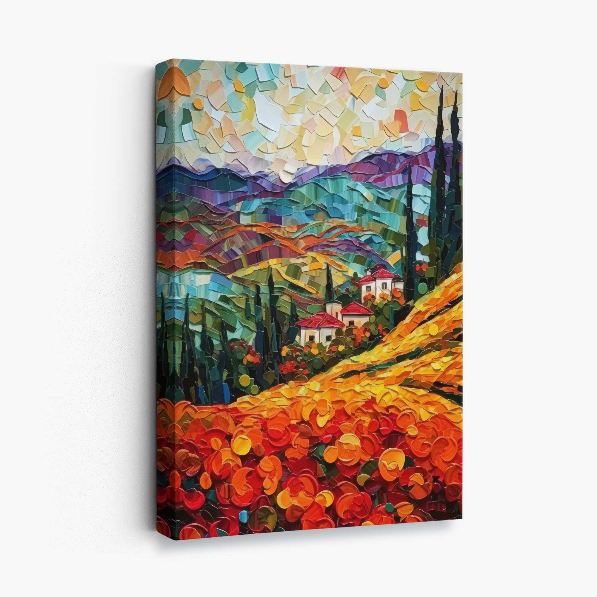 Red Fields and Mountains Palette Knife Abstract Painting Canvas Print | Artze Wall Art UK