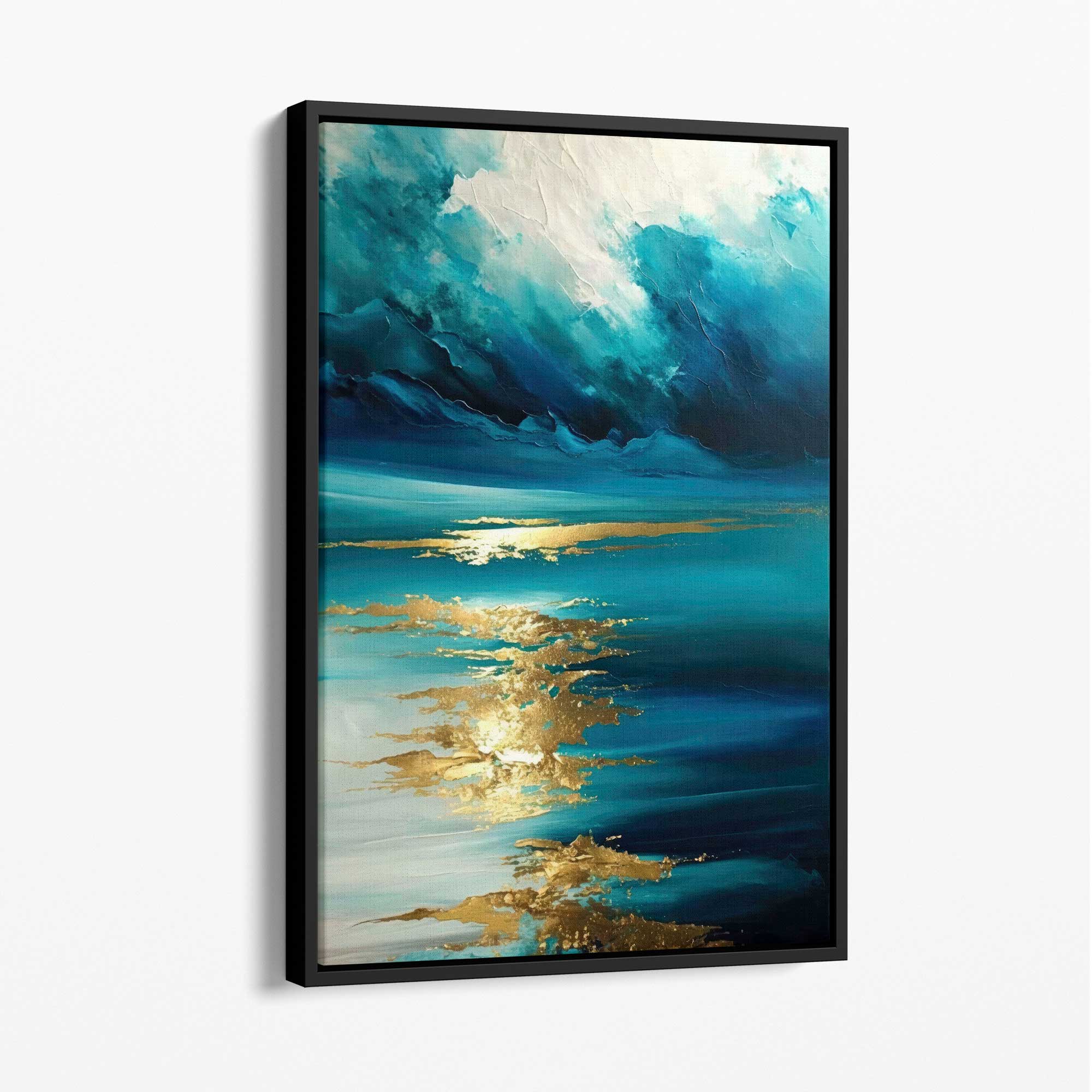 Ocean Painting with Gold Effect Canvas Print No 1 with Black Float Frame | Artze Wall Art UK