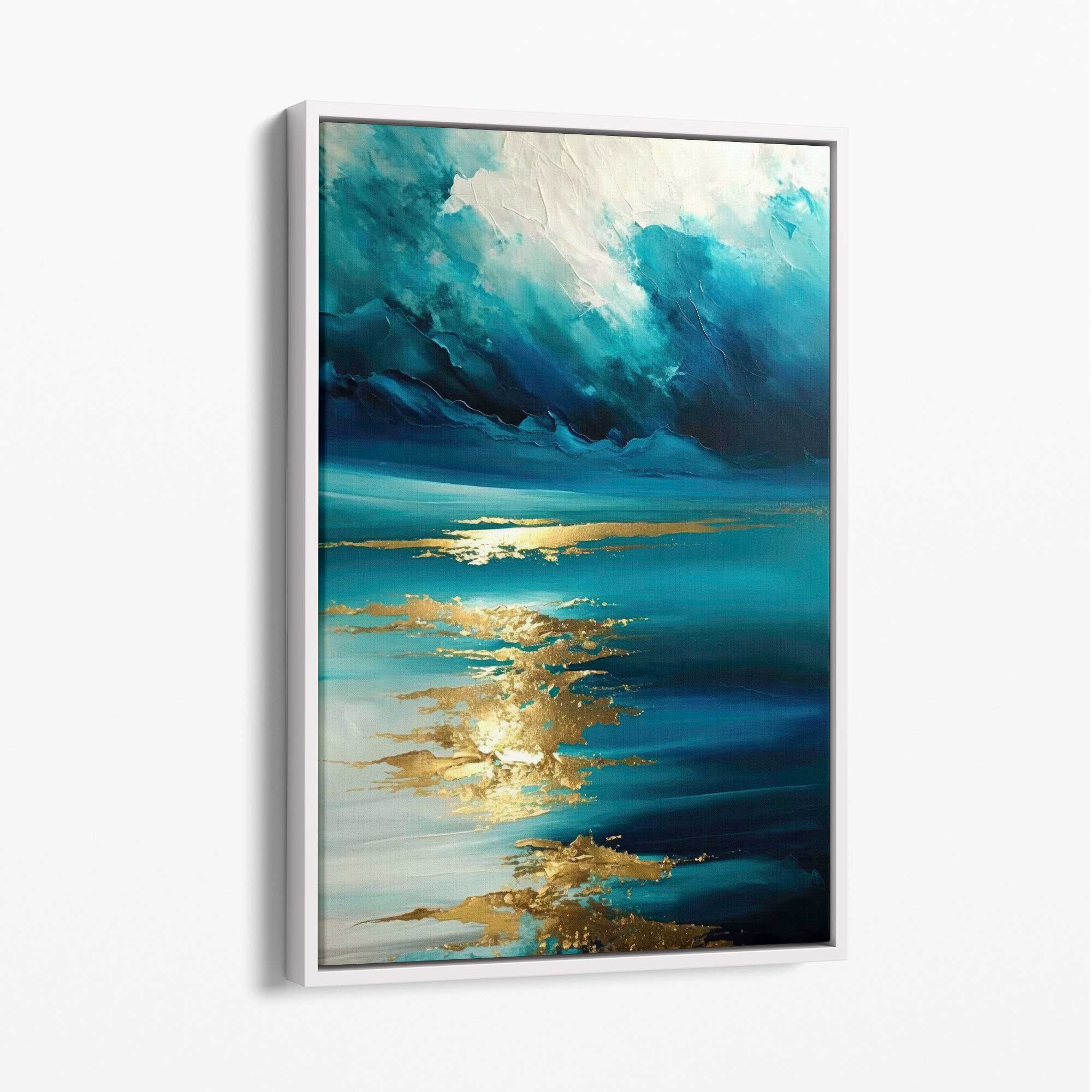 Ocean Painting with Gold Effect Canvas Print No 1 with White Float Frame | Artze Wall Art UK