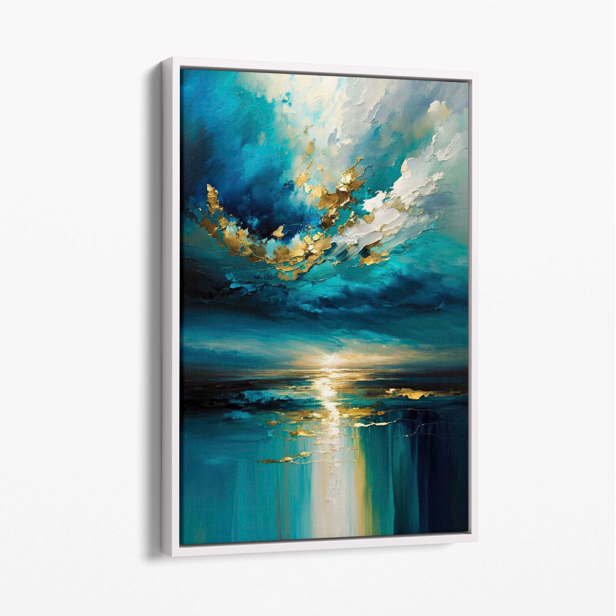 Ocean Painting with Gold Effect Canvas Print No 2 with White Float Frame | Artze Wall Art UK