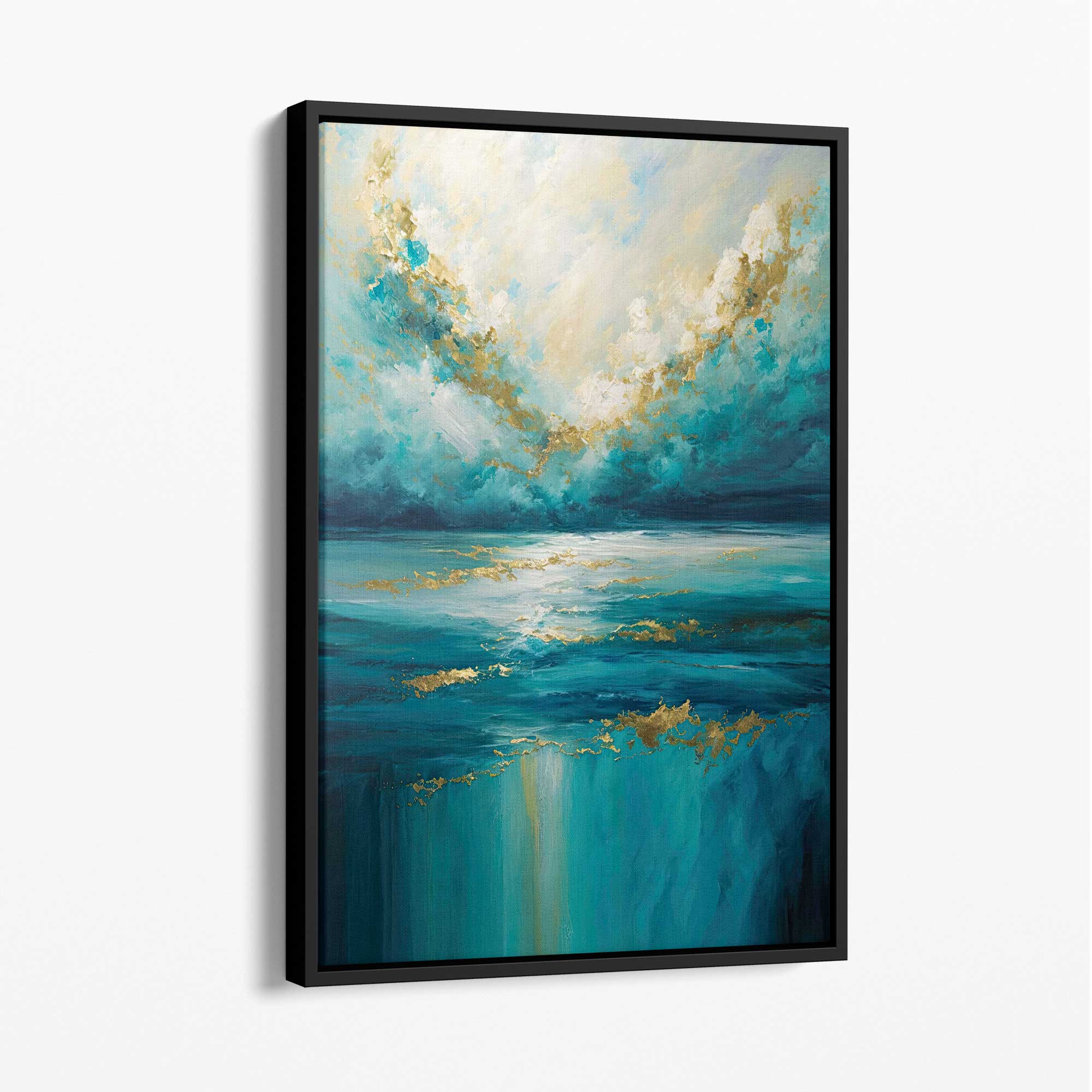 Ocean Painting with Gold Effect Canvas Print No 3 with Black Float Frame | Artze Wall Art UK