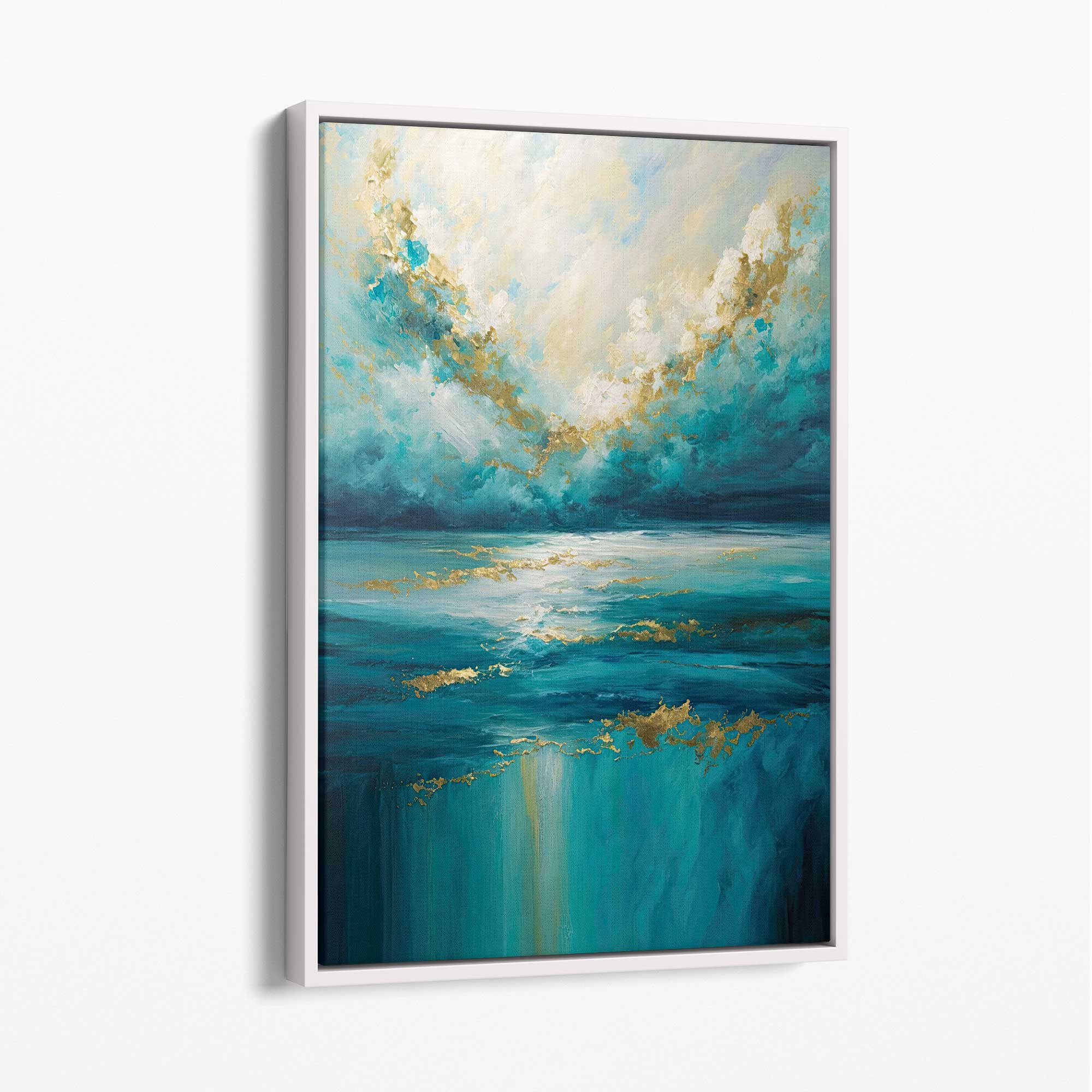 Ocean Painting with Gold Effect Canvas Print No 3 with White Float Frame | Artze Wall Art UK