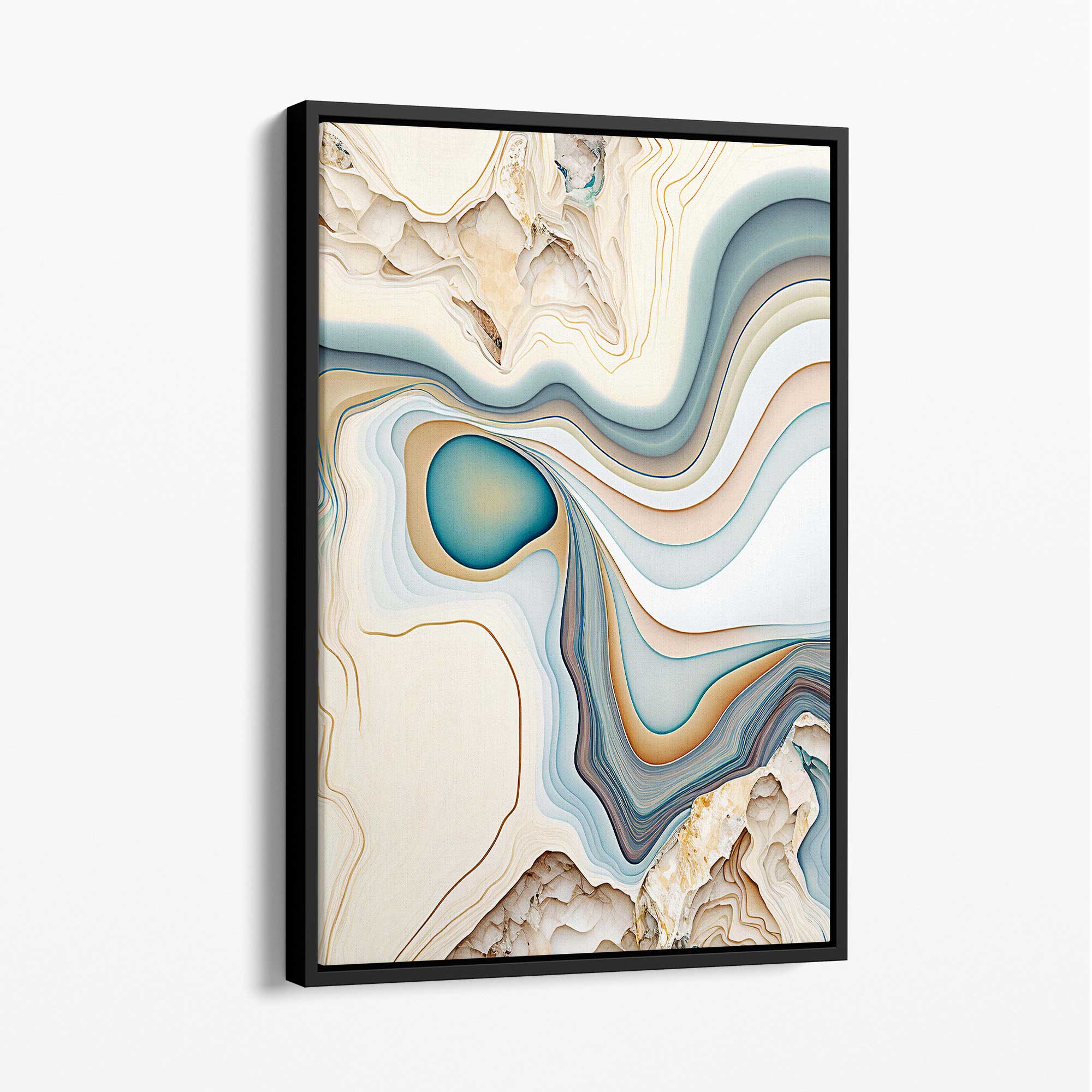 Abstract Contemporary Canvas Print in Beige and Blue No 1 with Black Float Frame | Artze Wall Art UK