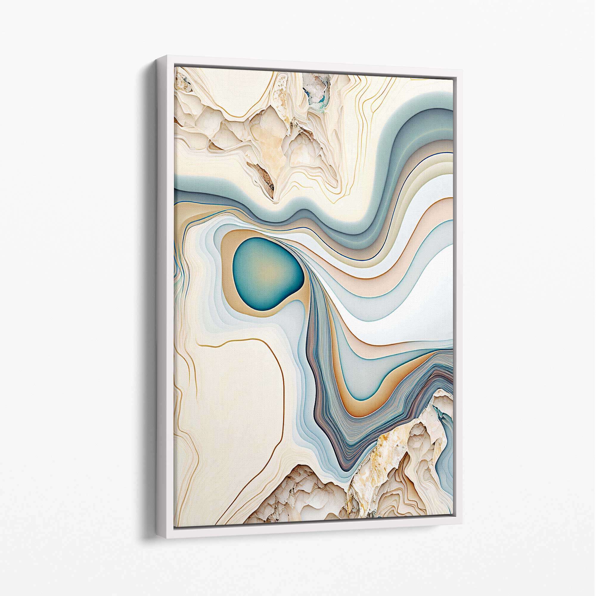 Abstract Contemporary Canvas Print in Beige and Blue No 1 with White Float Frame | Artze Wall Art UK