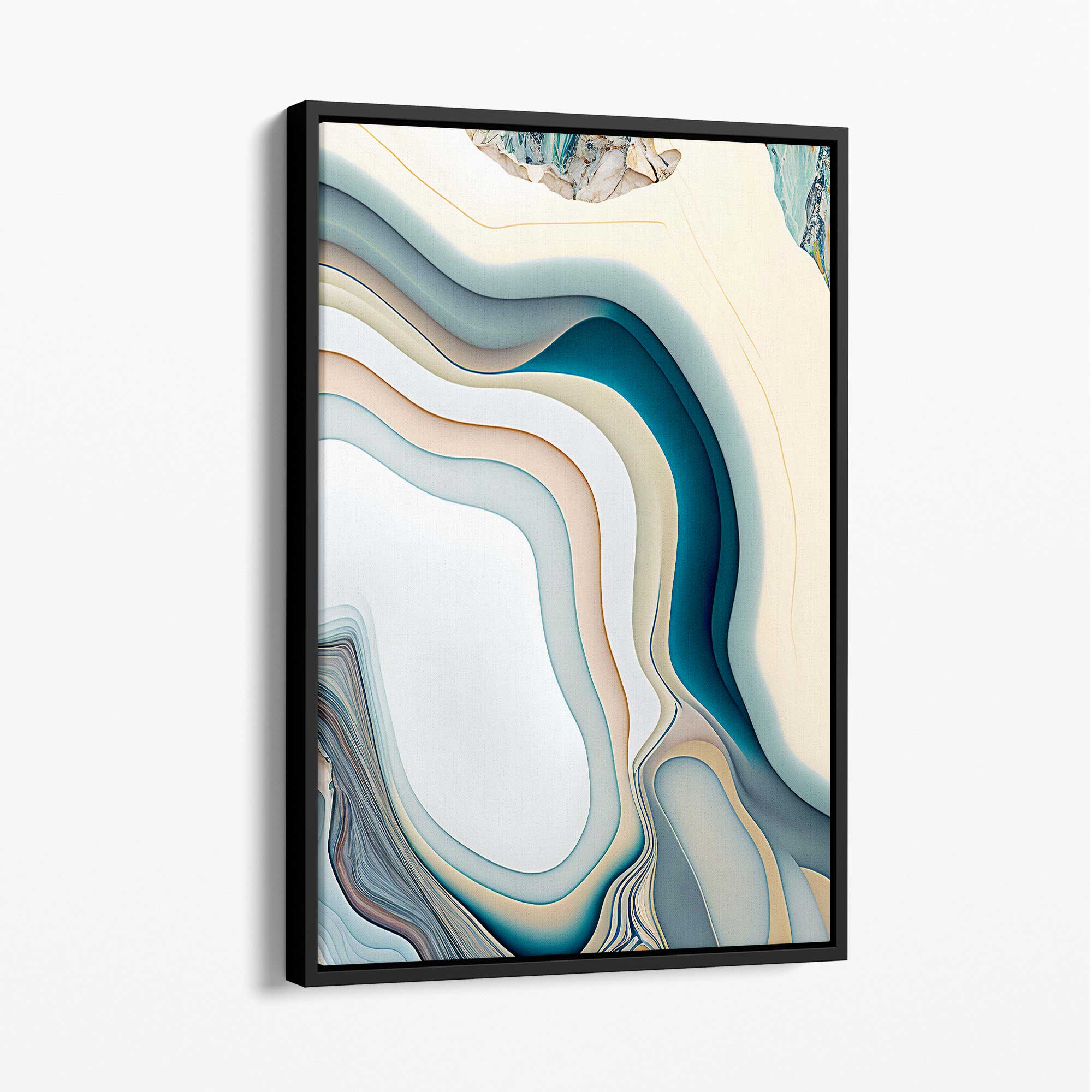 Abstract Contemporary Canvas Print in Beige and Blue No 2 with Black Float Frame | Artze Wall Art UK