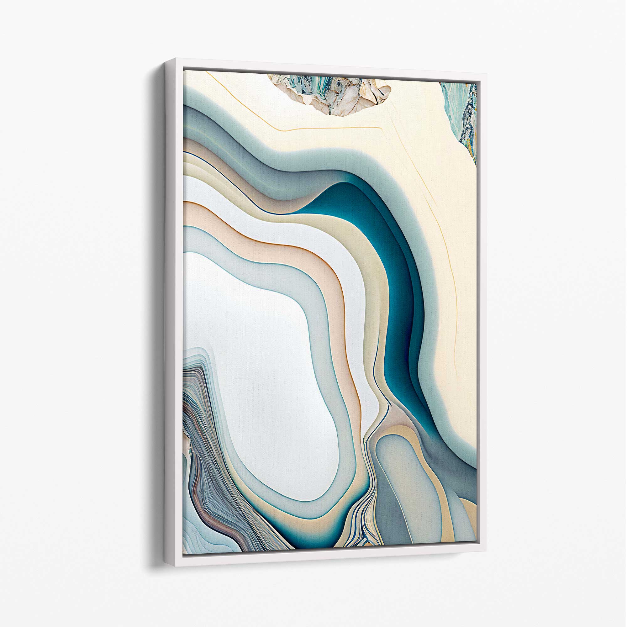 Abstract Contemporary Canvas Print in Beige and Blue No 2 with White Float Frame | Artze Wall Art UK