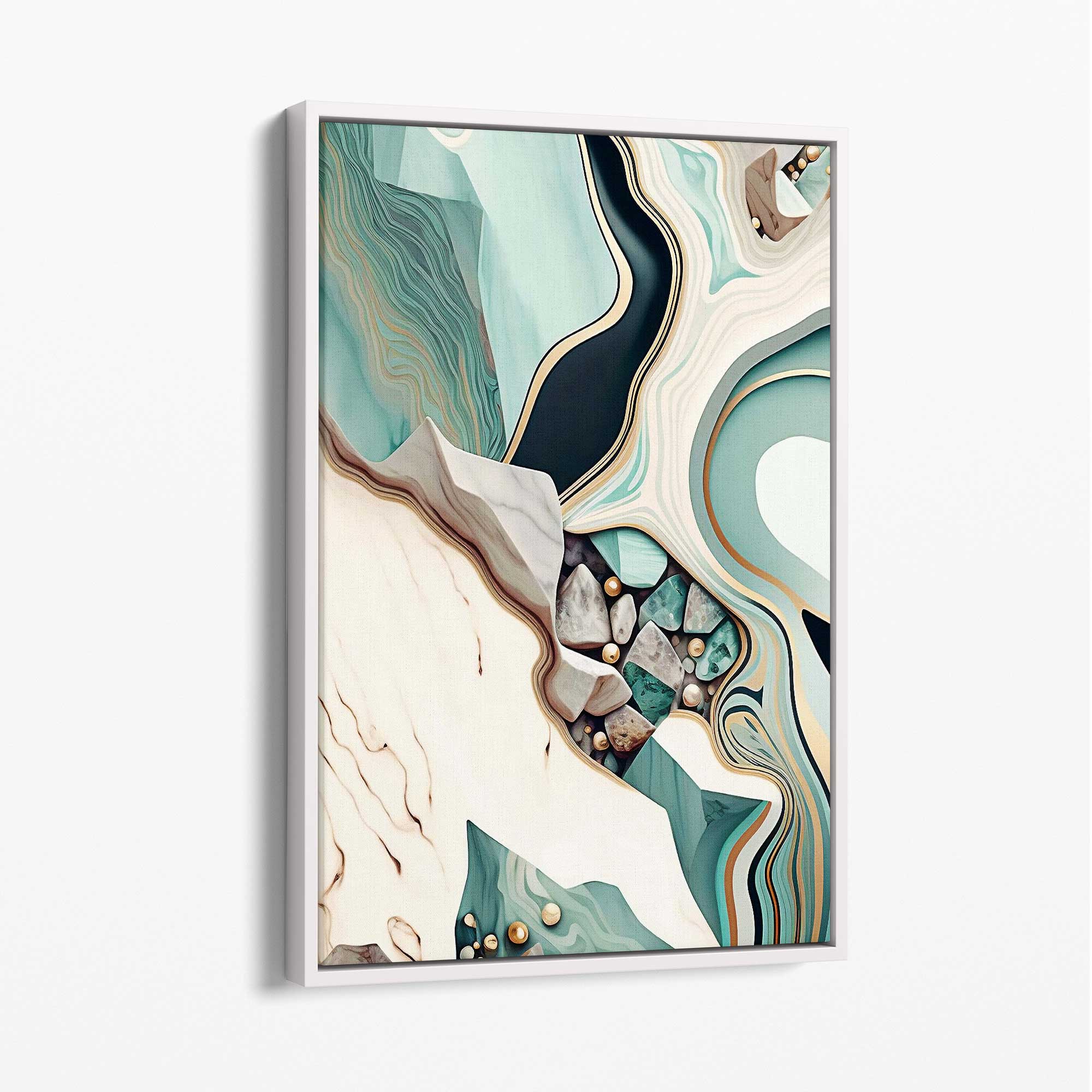 Abstract Contemporary Canvas in Beige and Green No 1 with White Float Frame | Artze Wall Art UK
