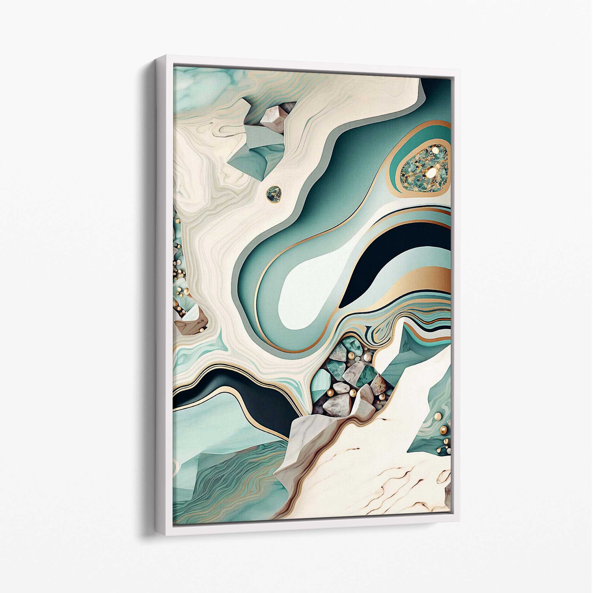 Abstract Contemporary Canvas in Beige and Green No 3 with White Float Frame | Artze Wall Art UK