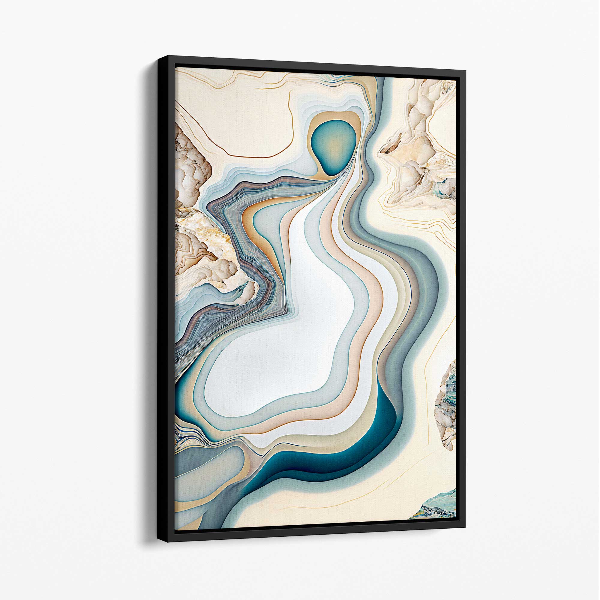 Abstract Contemporary Canvas Print in Beige and Blue No 3 with Black Float Frame | Artze Wall Art UK