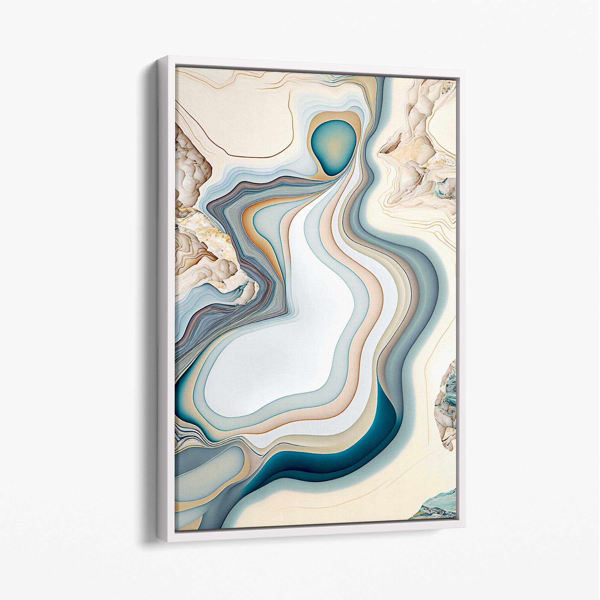 Abstract Contemporary Canvas Print in Beige and Blue No 3 with White Float Frame | Artze Wall Art UK
