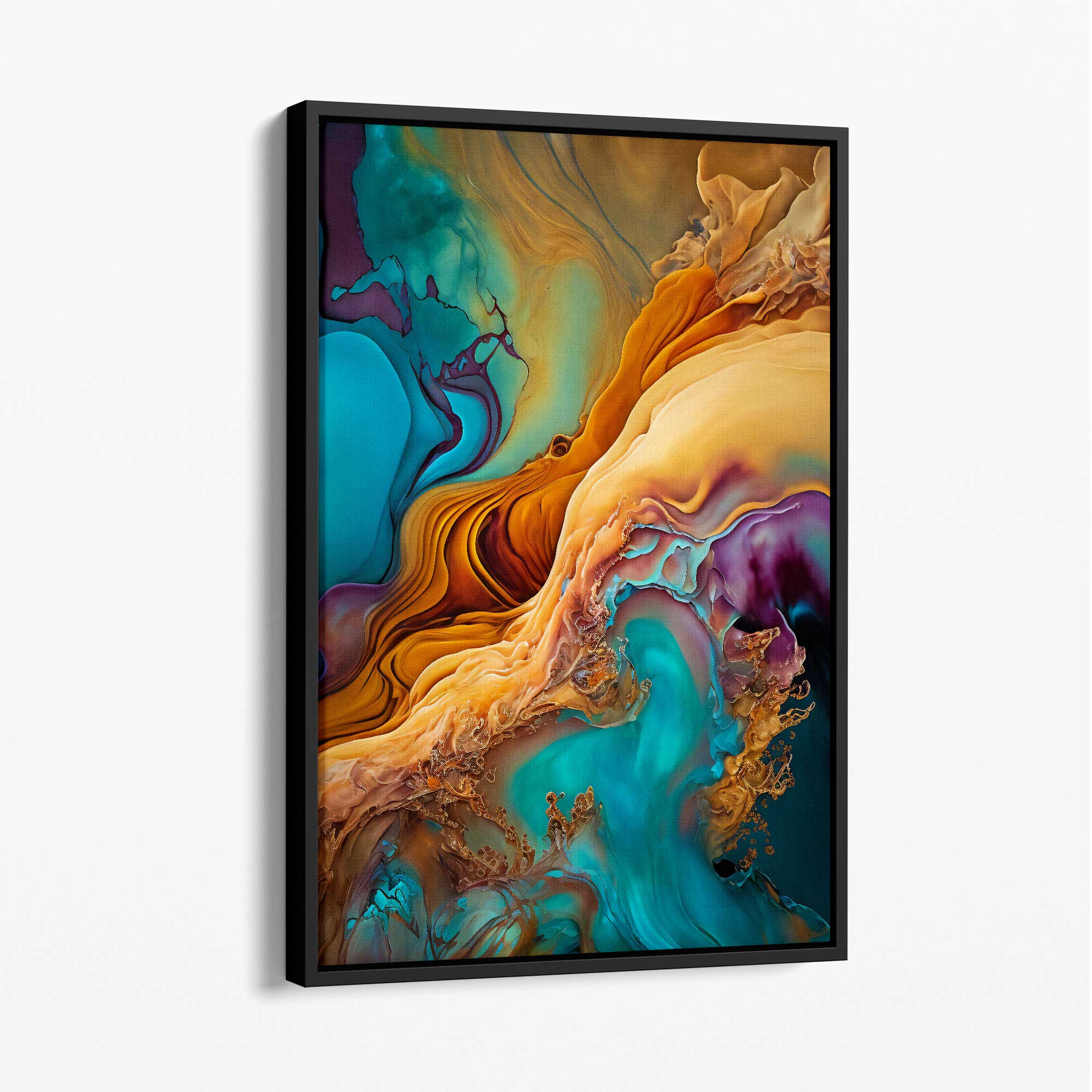 Abstract Fluid Canvas Prints in Blue and Orange No 1 with Black Float Frame | Artze Wall Art UK