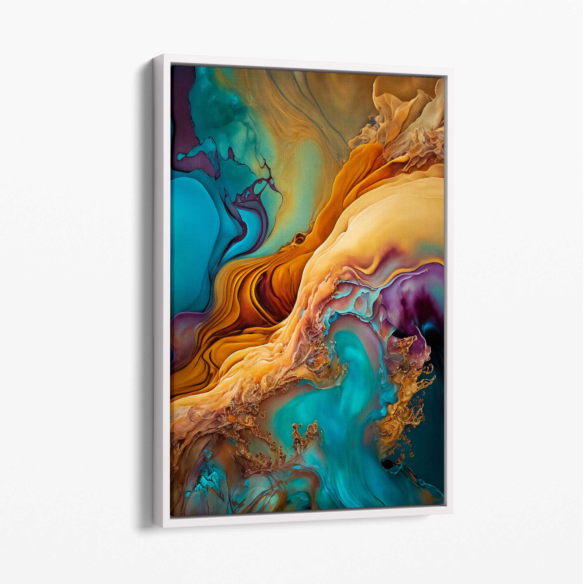Abstract Fluid Canvas Prints in Blue and Orange No 1 with White Float Frame | Artze Wall Art UK
