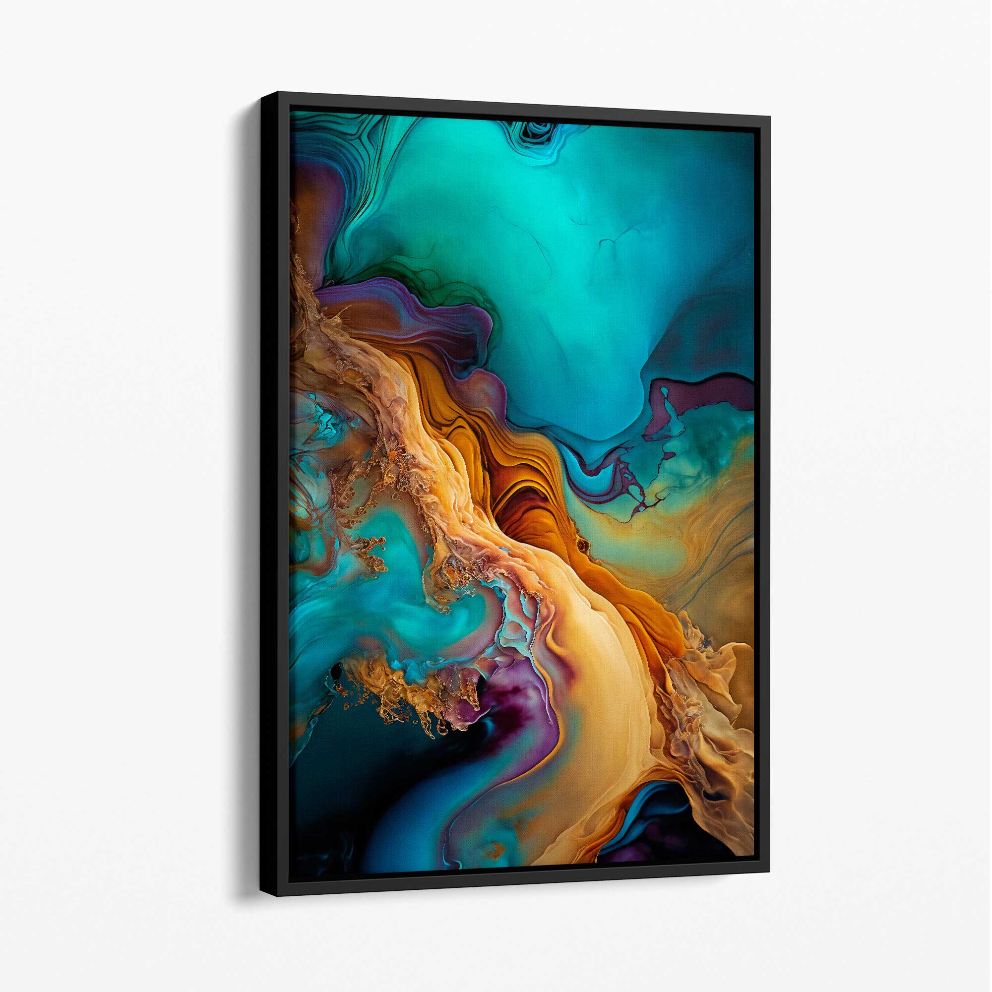 Abstract Fluid Canvas Prints in Blue and Orange No 2 with Black Float Frame | Artze Wall Art UK