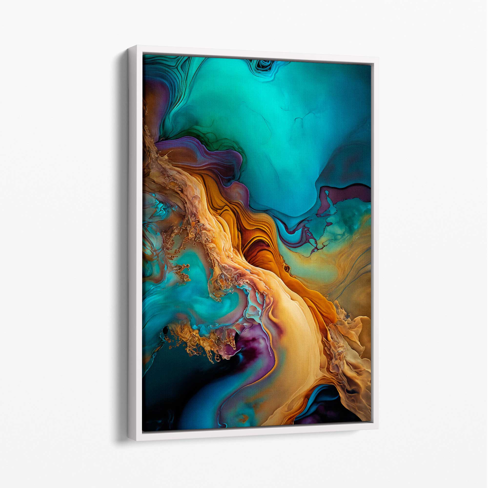 Abstract Fluid Canvas Prints in Blue and Orange No 2 with White Float Frame | Artze Wall Art UK