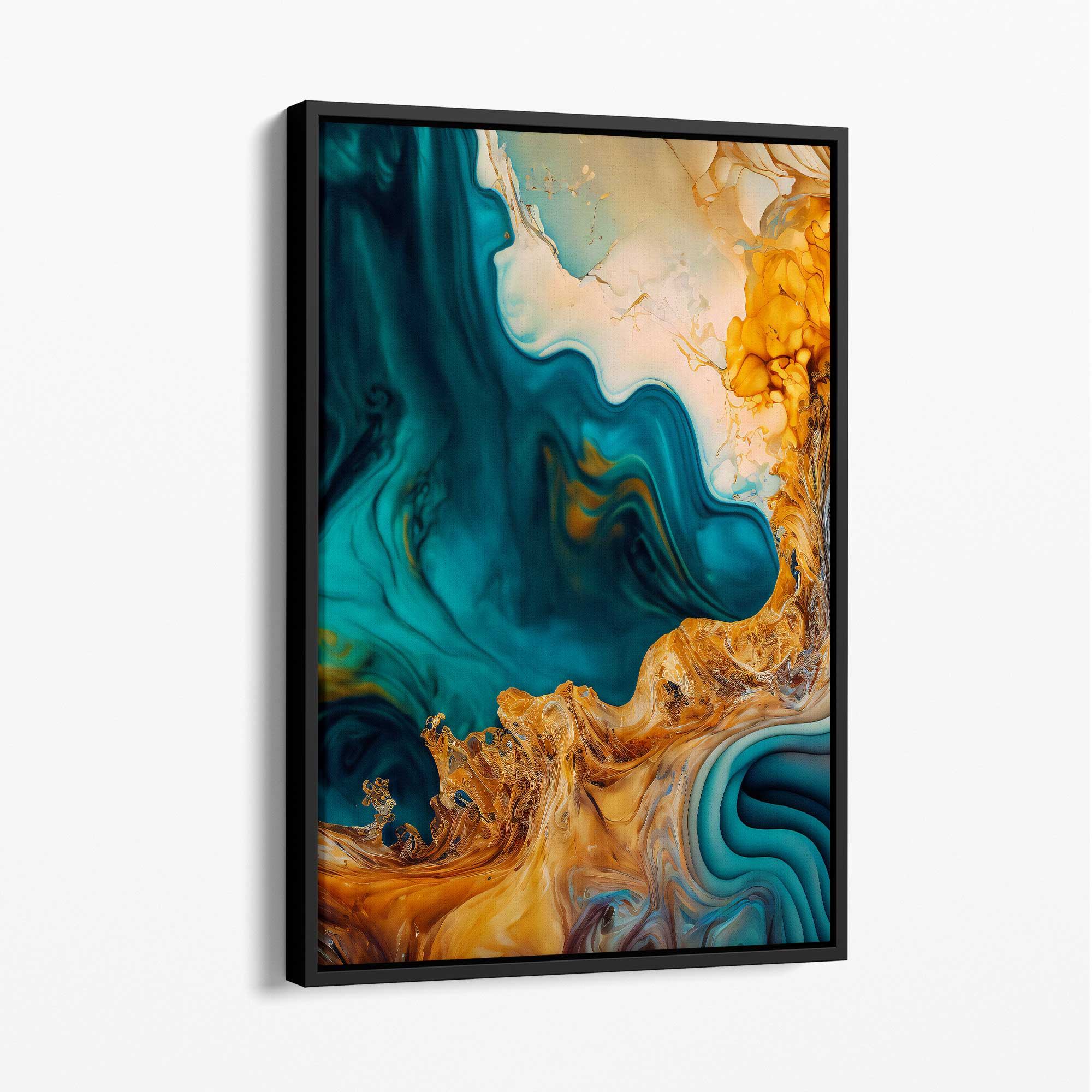 Abstract Fluid Canvas Prints in Blue and Orange No 3 with Black Float Frame | Artze Wall Art UK
