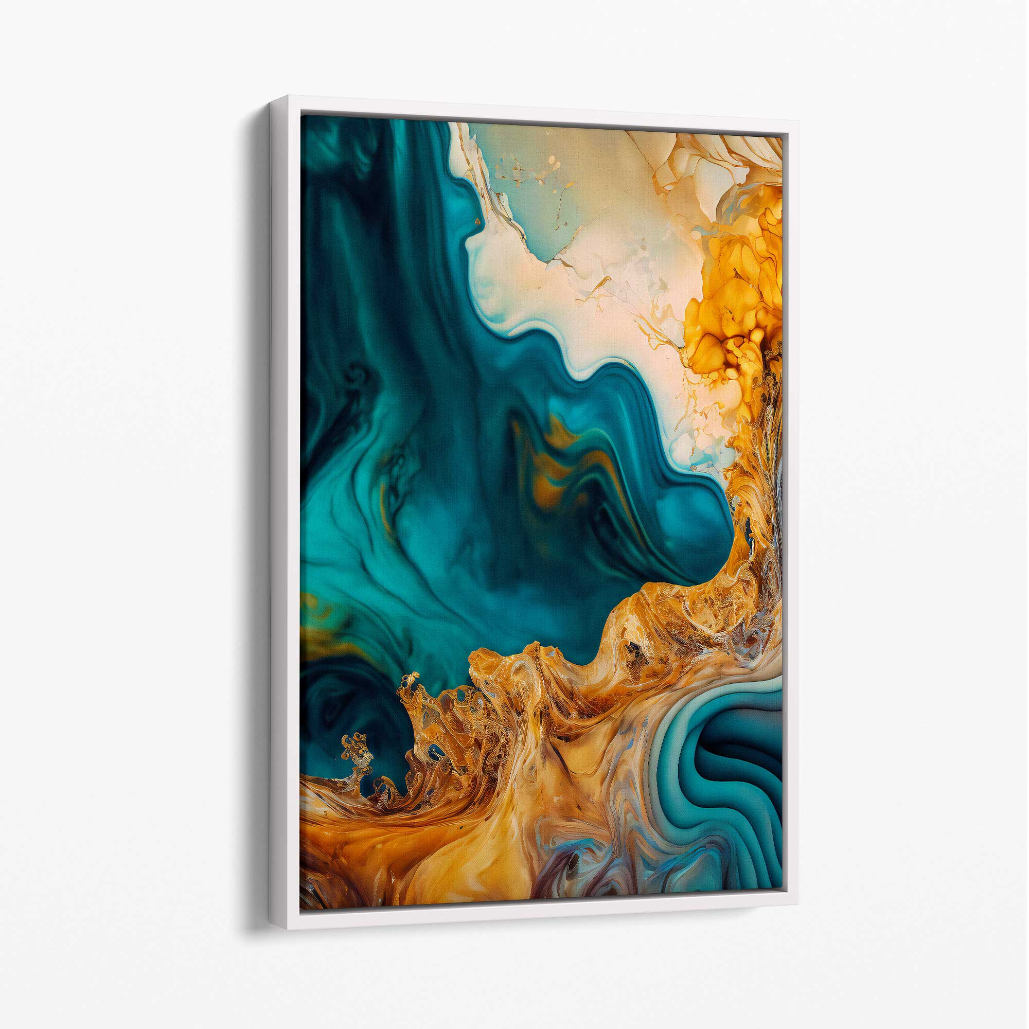 Abstract Fluid Canvas Prints in Blue and Orange No 3 with White Float Frame | Artze Wall Art UK