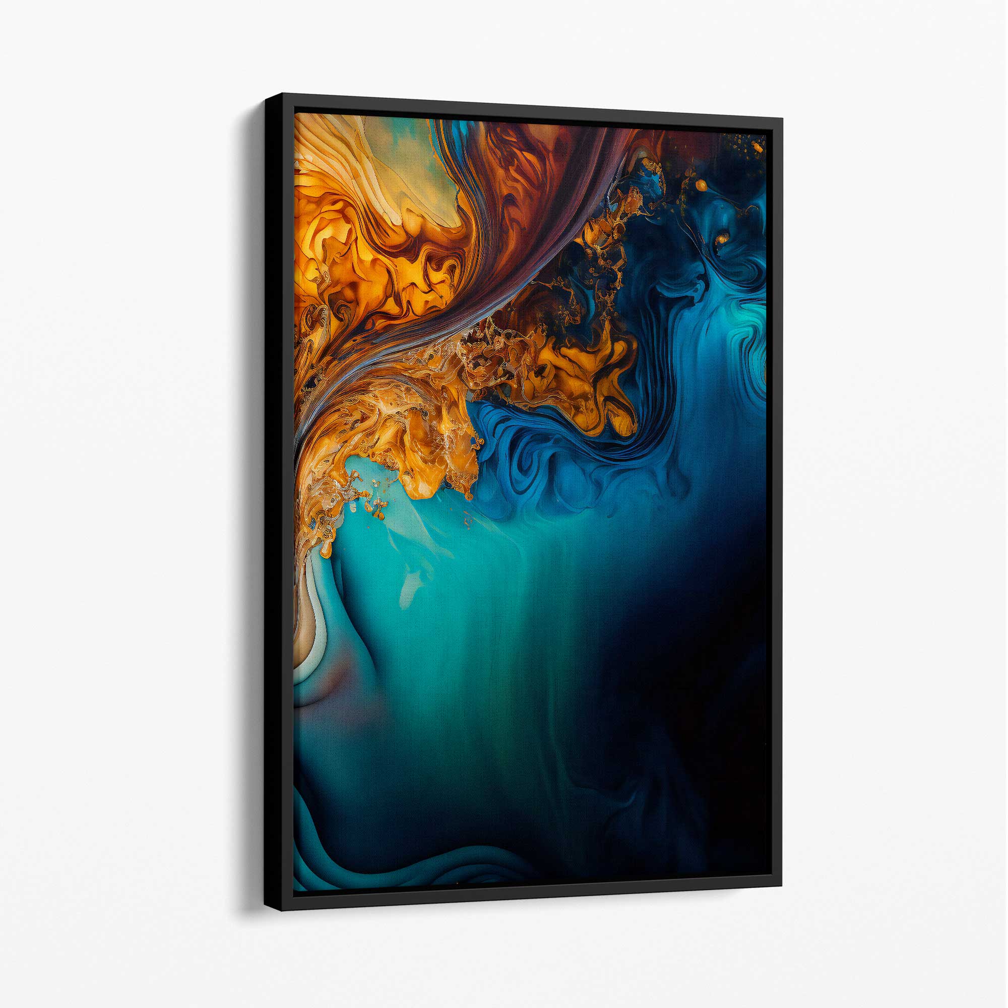 Abstract Fluid Canvas Prints in Blue and Orange No 4 with Black Float Frame | Artze Wall Art UK