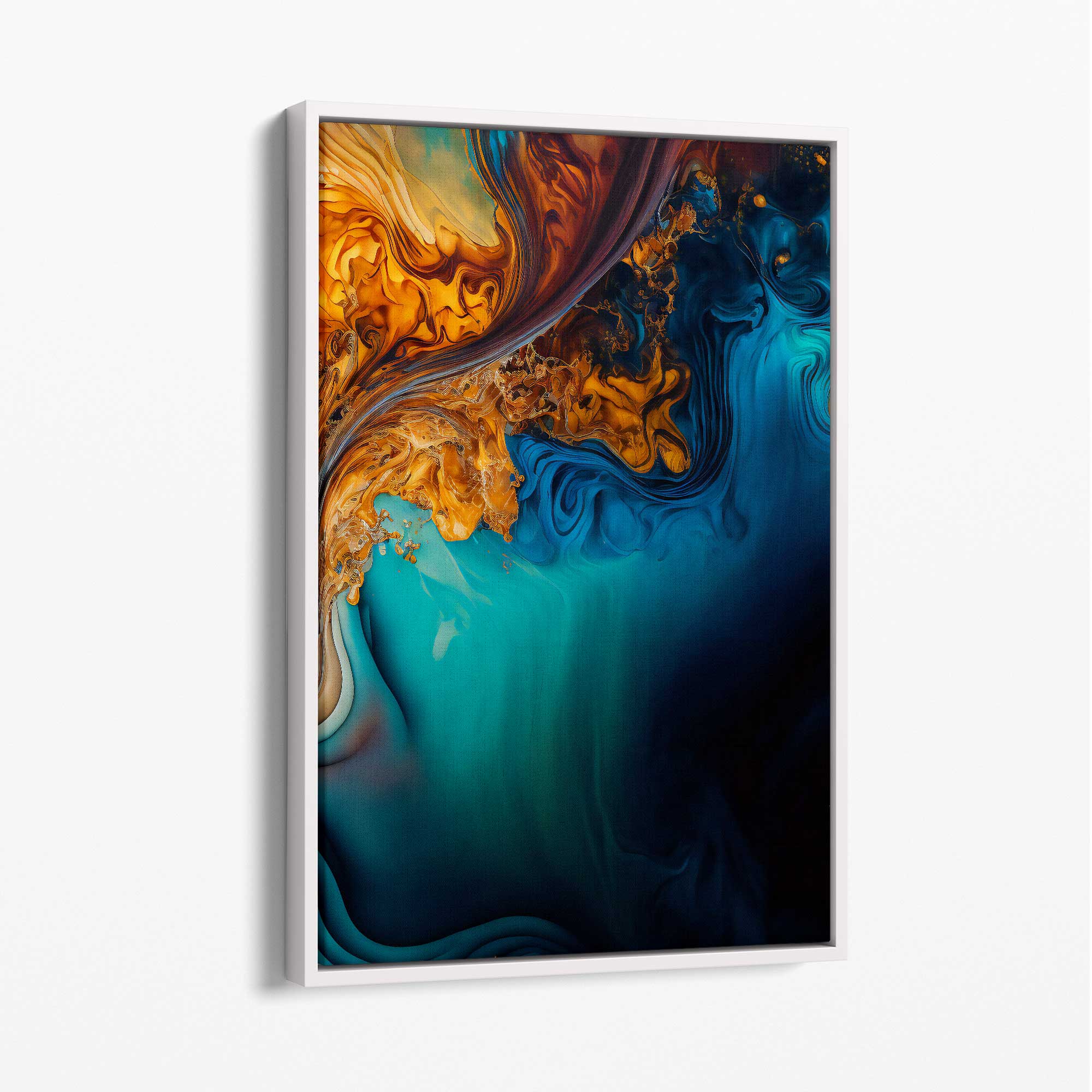 Abstract Fluid Canvas Prints in Blue and Orange No 4 with White Float Frame | Artze Wall Art UK
