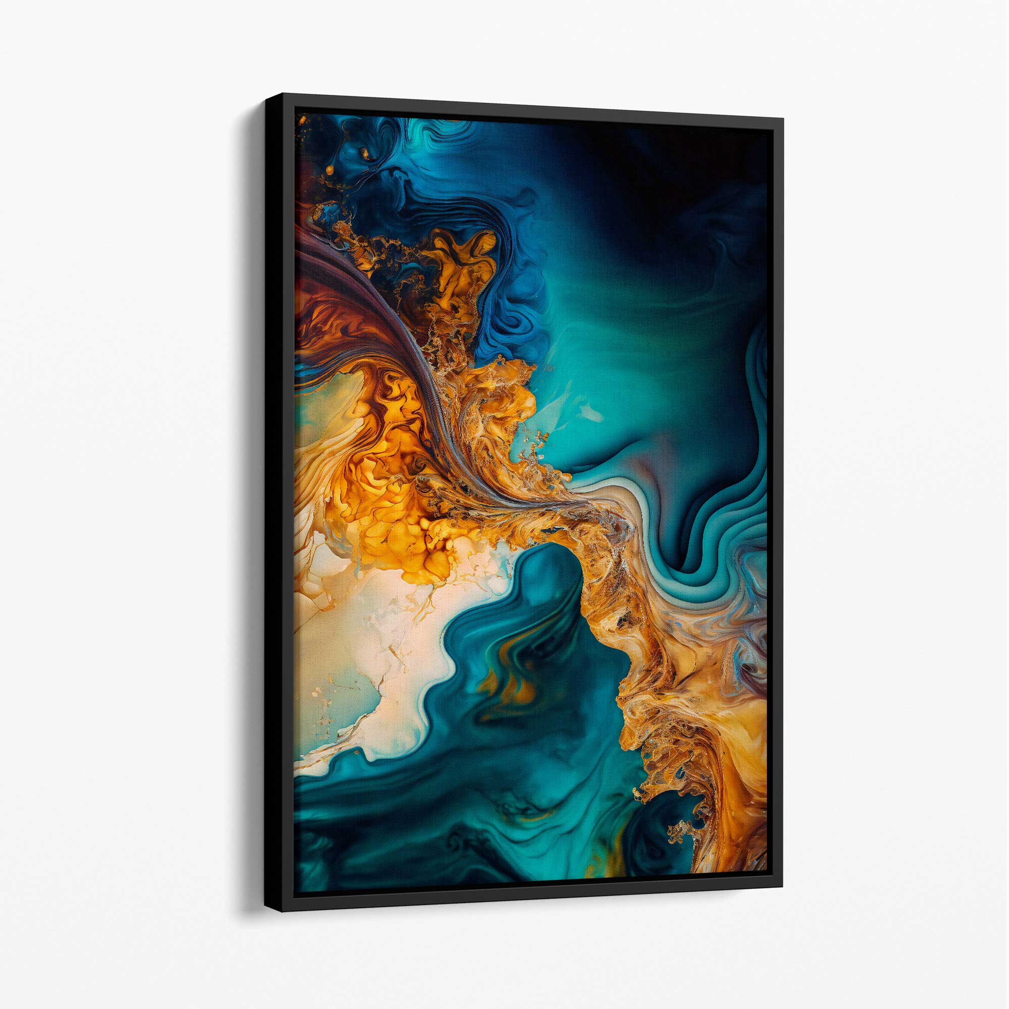 Abstract Fluid Canvas Prints in Blue and Orange No 5 with Black Float Frame | Artze Wall Art UK