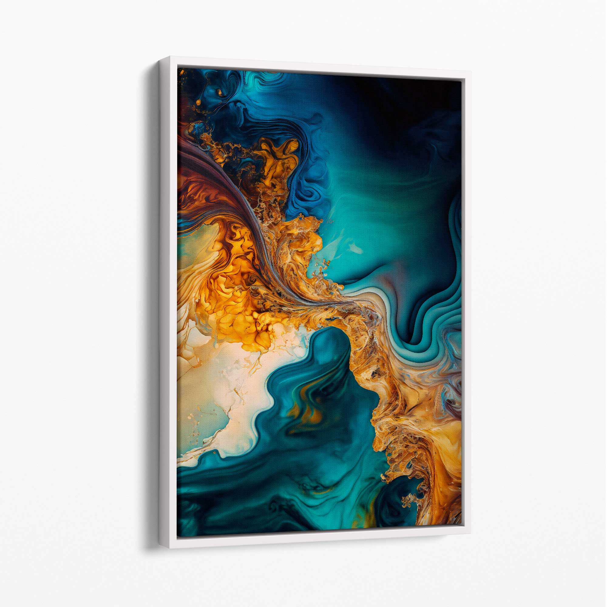Abstract Fluid Canvas Prints in Blue and Orange No 5 with White Float Frame | Artze Wall Art UK