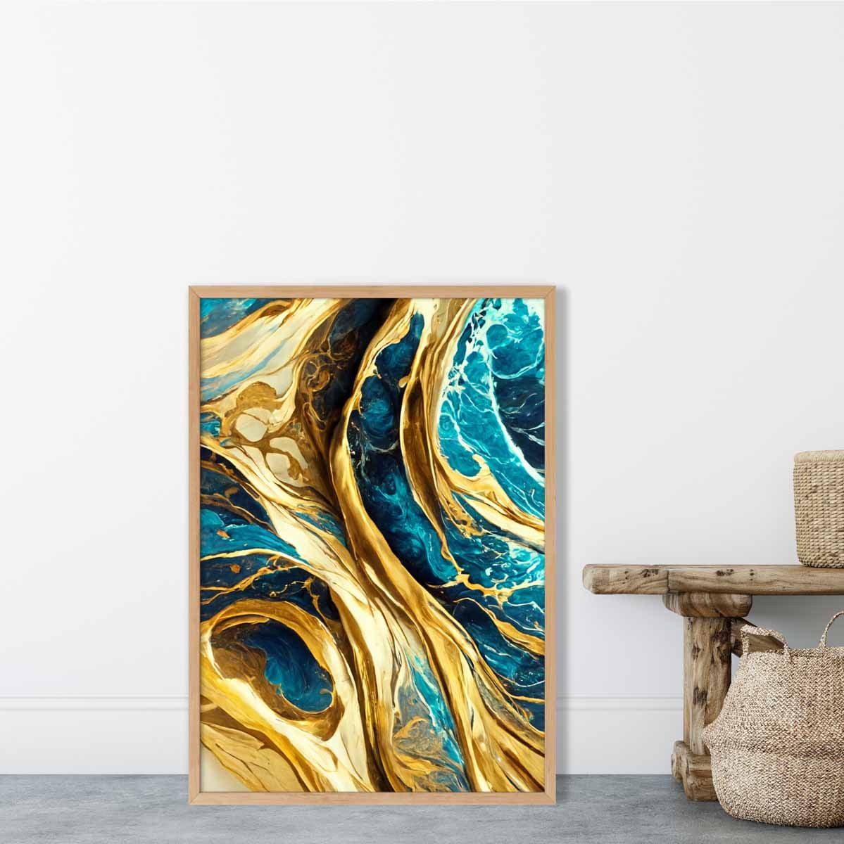 Abstract Art Print Waves in Blue and Gold effect