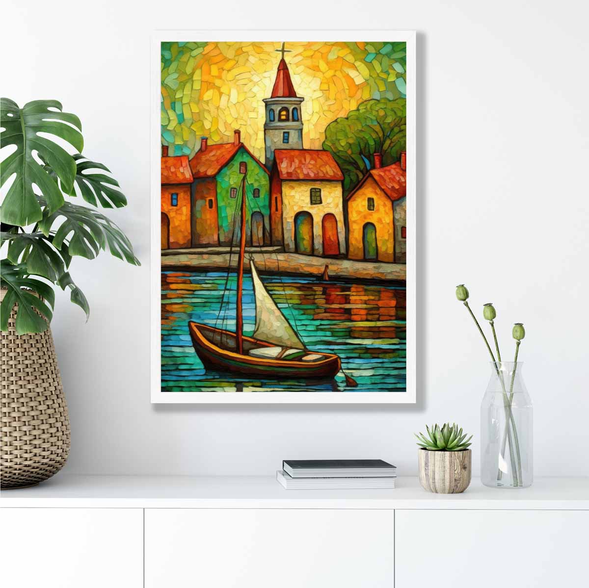 Seaside Village Palette Knife Painting Art Print