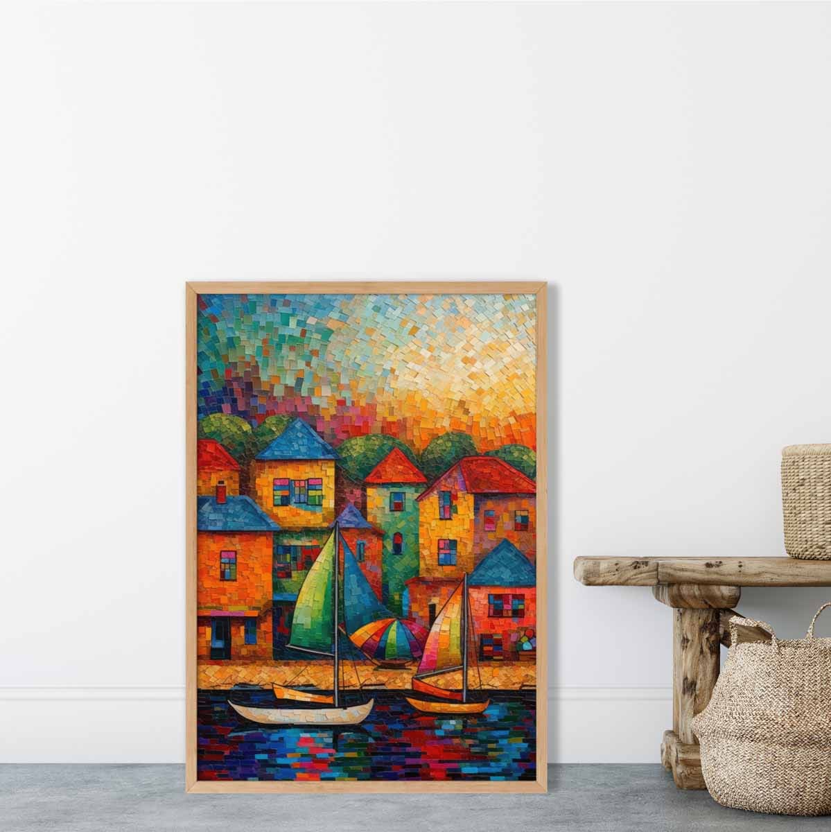 Sailing Boats and Houses Abstract Palette Knife Painting Art Print