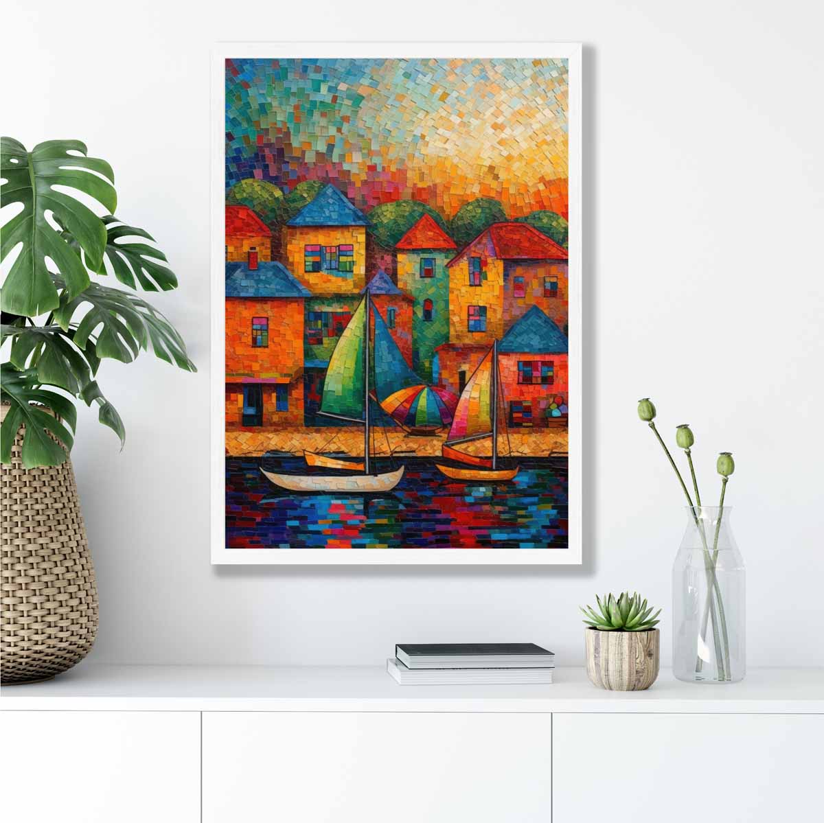 Sailing Boats and Houses Abstract Palette Knife Painting Art Print