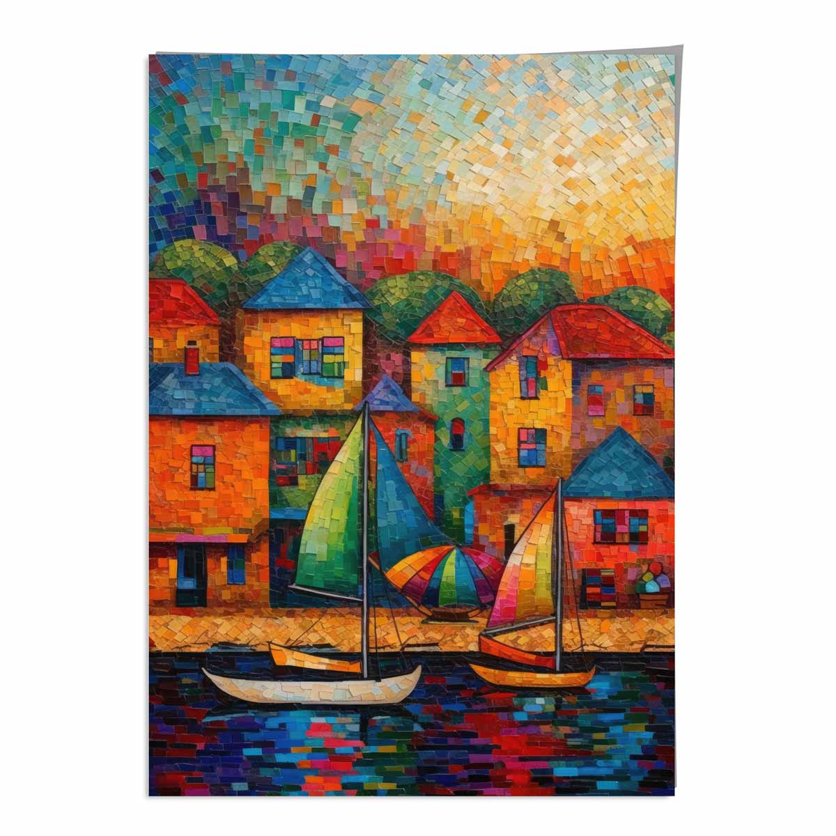 Sailing Boats and Houses Abstract Palette Knife Painting Art Print