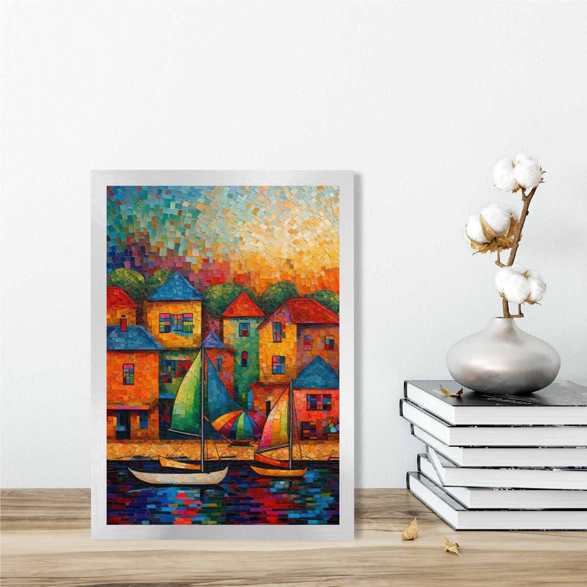 Sailing Boats and Houses Abstract Palette Knife Painting Art Print