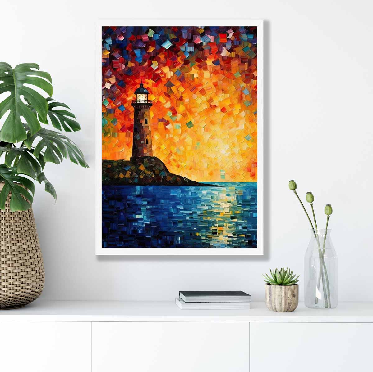Lighthouse on a Cliff Palette Knife Painting Art Print