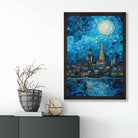 City on a Lake at Night Palette Knife Painting Art Print