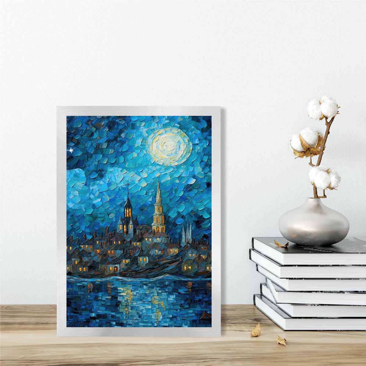 City on a Lake at Night Palette Knife Painting Art Print