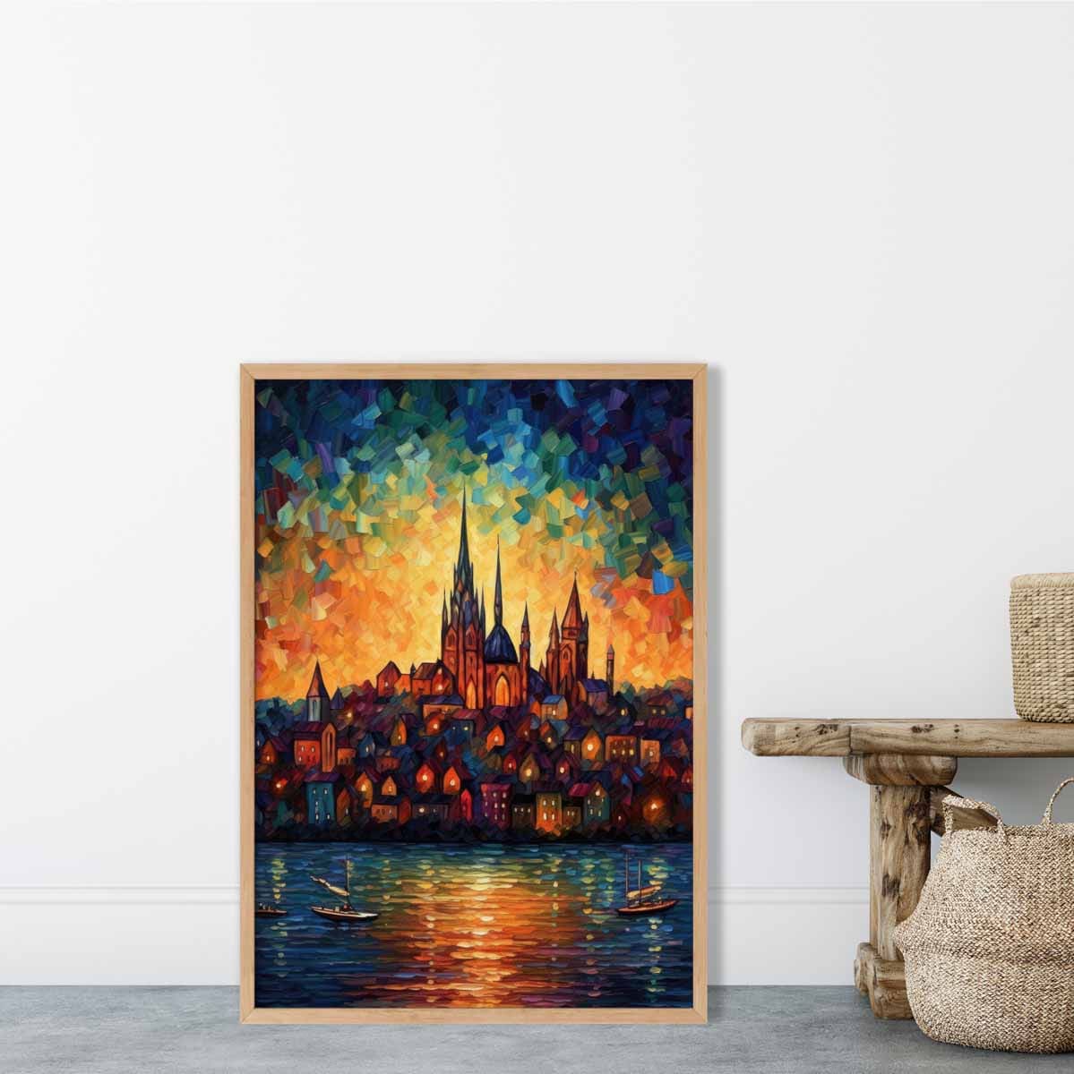 Lakeside City at Sunset Palette Knife Painting Art Print