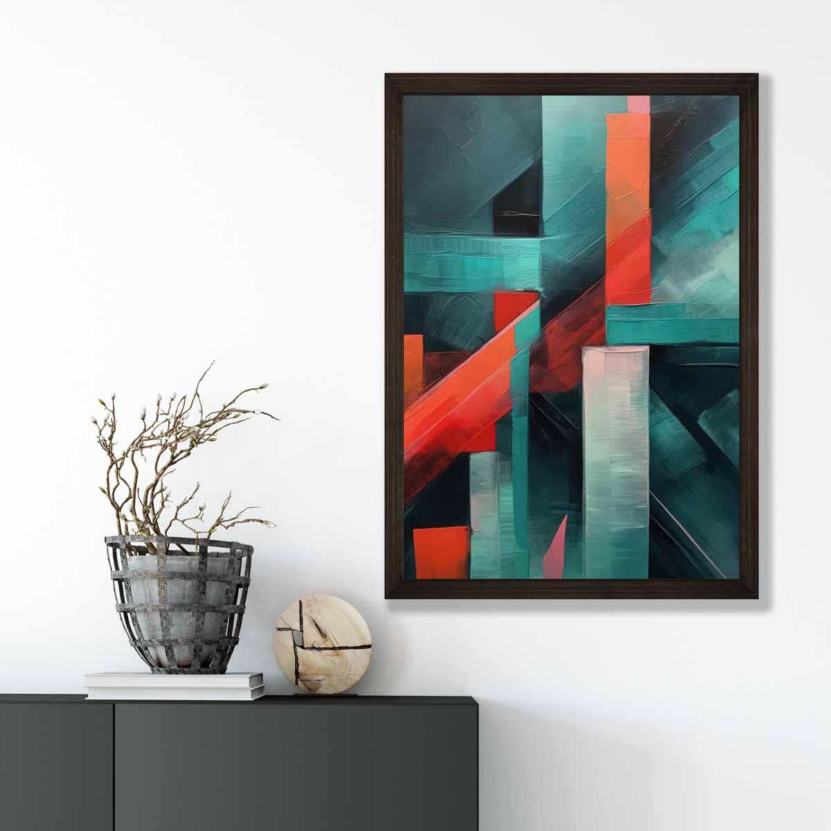 Painting of Abstract Shapes Art Print Teal and Red No 1