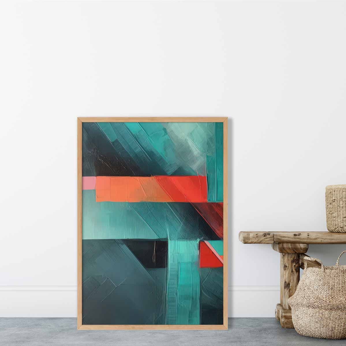 Painting of Abstract Shapes Art Print Teal and Red No 2
