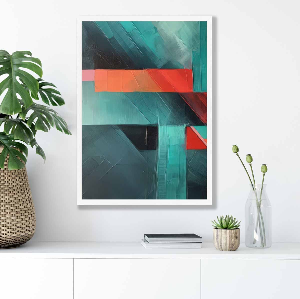 Painting of Abstract Shapes Art Print Teal and Red No 2