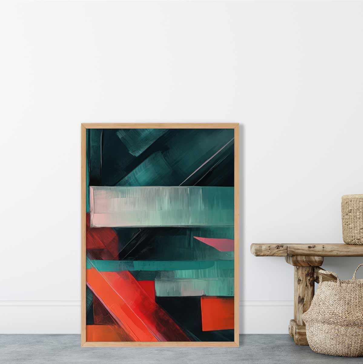 Painting of Abstract Shapes Art Print Teal and Red No 3