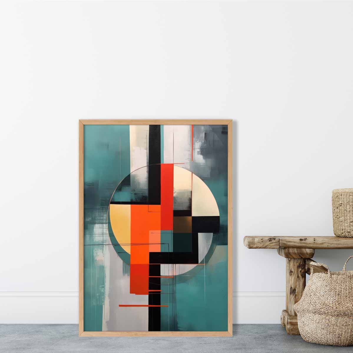 Abstract Shapes Art Print Teal Red and Grey No 1