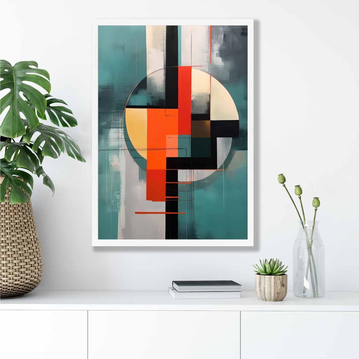 Abstract Shapes Art Print Teal Red and Grey No 1