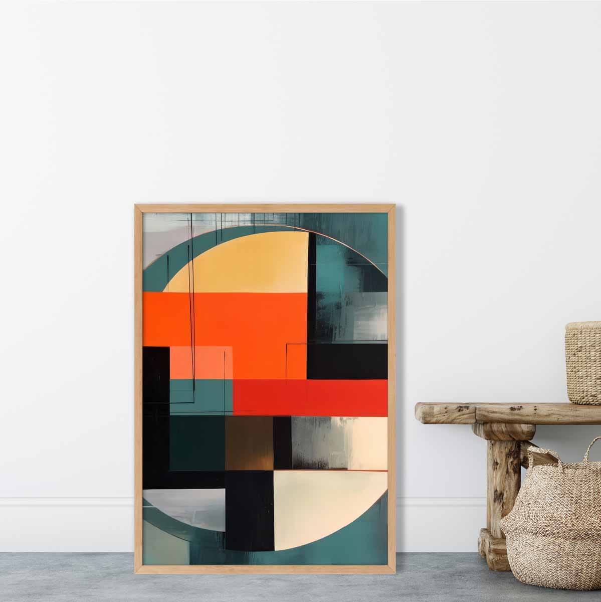 Abstract Shapes Art Print Teal Red and Grey No 3