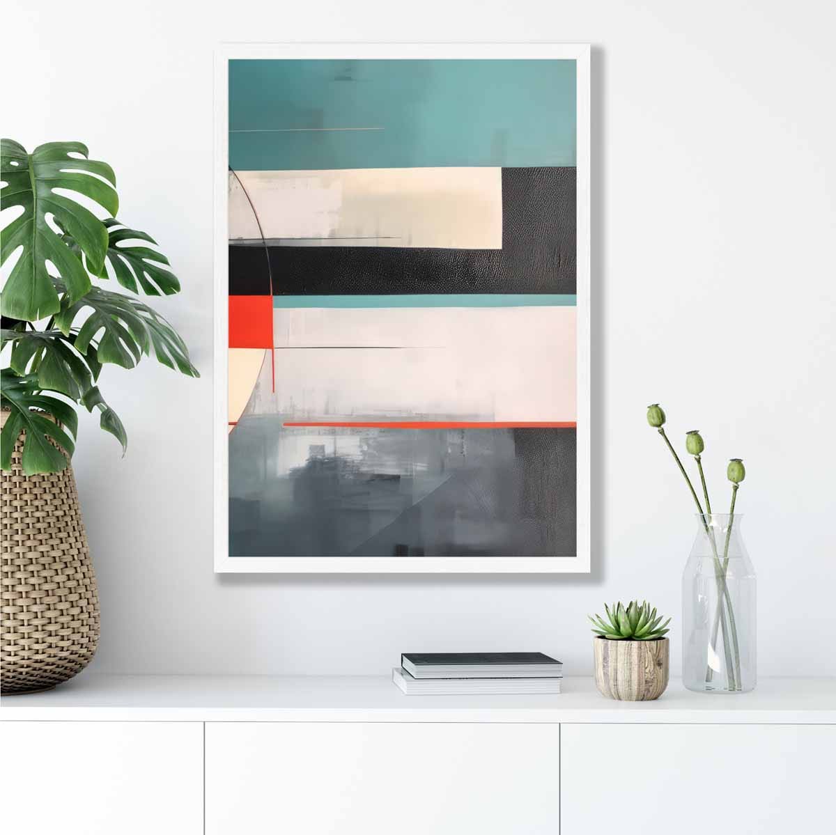 Abstract Shapes Art Print Teal Red and Grey No 4