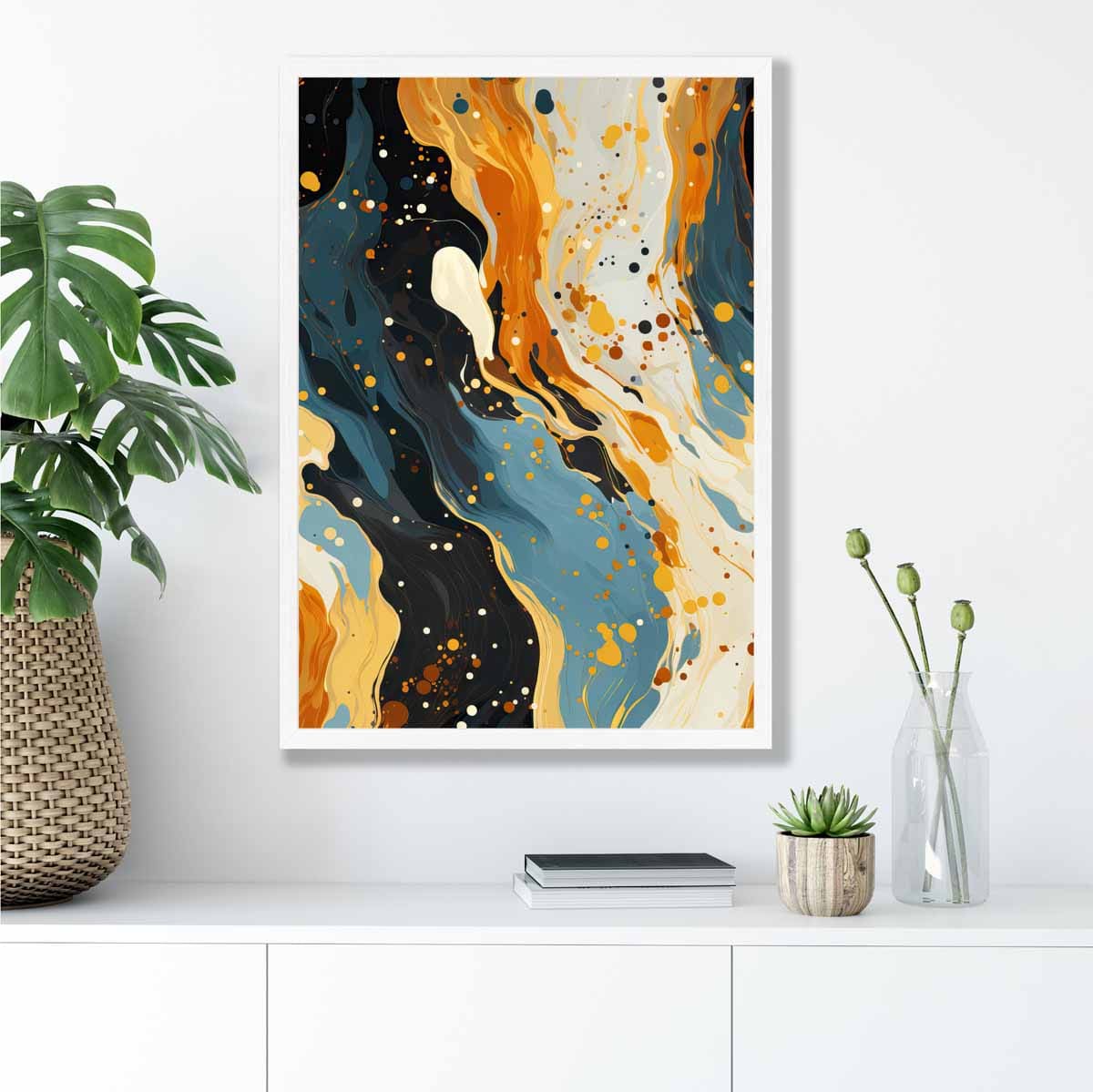 Abstract Painting Fluid Art Print Blue Orange and Beige No 1