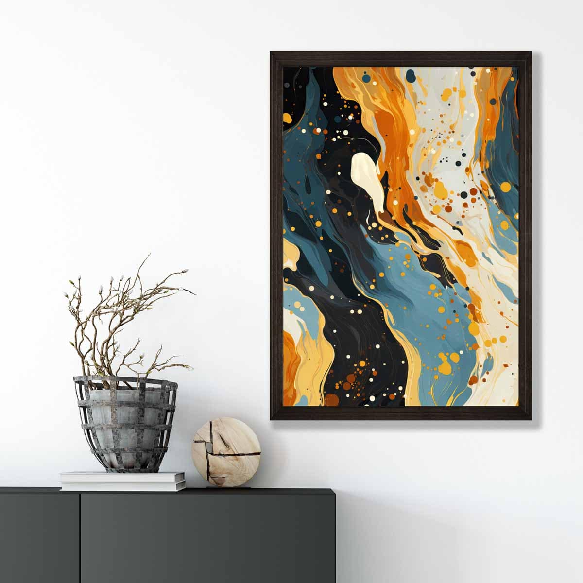 Abstract Painting Fluid Art Print Blue Orange and Beige No 1